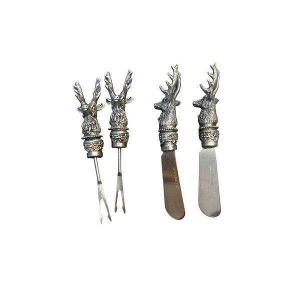 Set Of 4 Silver Stag Head Handle Cheese & Appetizer Utensils - Picture 1 of 4